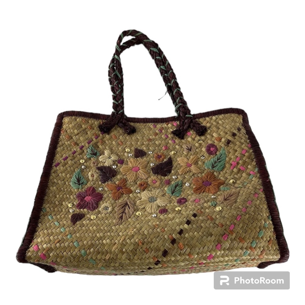 Coldwater Creek Flower Print Straw Woven Wicker Purse Bag